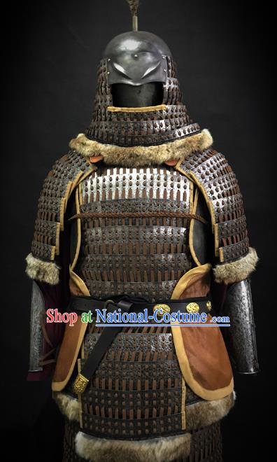 Traditional Chinese Song Dynasty Liao State Military Officer Golden Body Armor Ancient Cavalry Warrior General Iron Costumes and Helmet Full Set