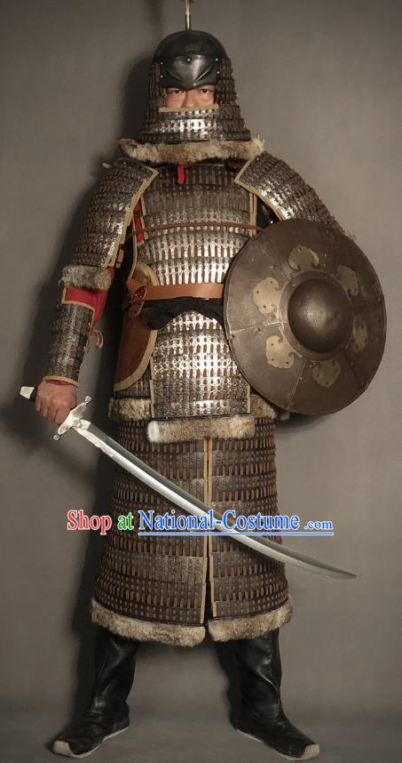 Traditional Chinese Song Dynasty Jin State Military Officer Body Armor Ancient Cavalry Warrior General Iron Costumes and Helmet Full Set