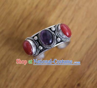 Chinese Traditional Tibetan Nationality Purple Crystal Ring Accessories Handmade Decoration Zang Ethnic Folk Dance Silver Finger Circlet for Women