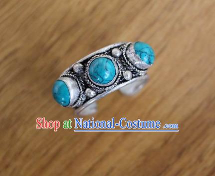 Chinese Traditional Tibetan Nationality Blue Stone Ring Accessories Handmade Decoration Zang Ethnic Folk Dance Silver Finger Circlet for Women