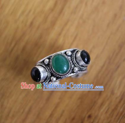 Chinese Traditional Tibetan Nationality Green Jade Ring Accessories Handmade Decoration Zang Ethnic Folk Dance Silver Finger Circlet for Women