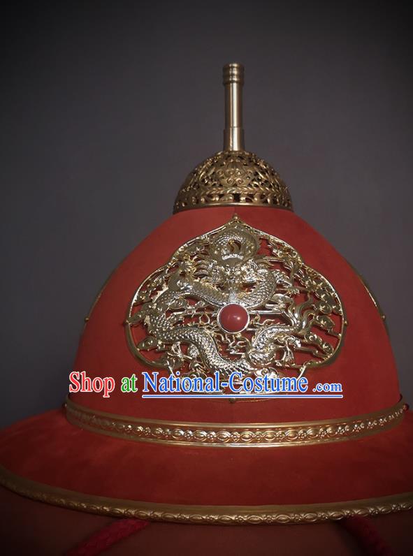 Traditional Chinese Ming Dynasty General Red Velvet Armet Hat Headpiece Ancient Military Officer Cavalry Helmet for Men