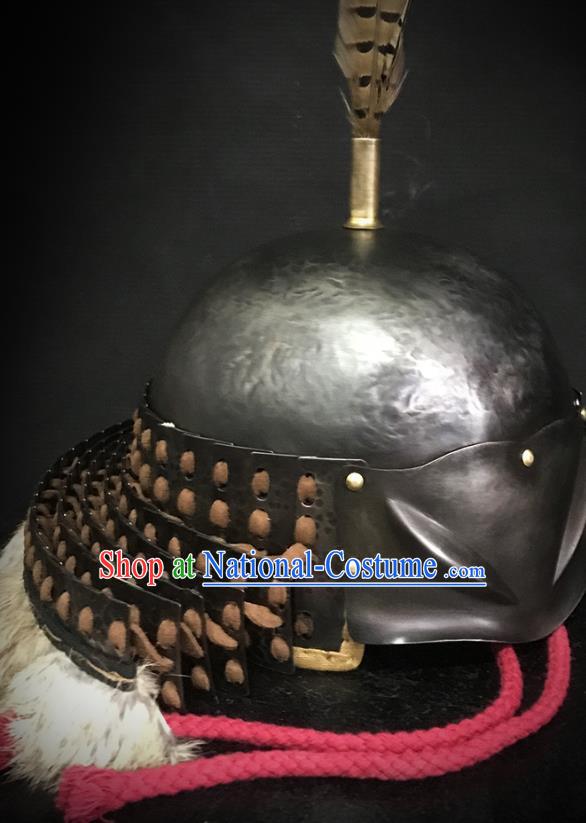 Traditional Chinese Song Dynasty Jin State General Iron Armet Hat Headpiece Ancient Military Officer Cavalry Helmet for Men