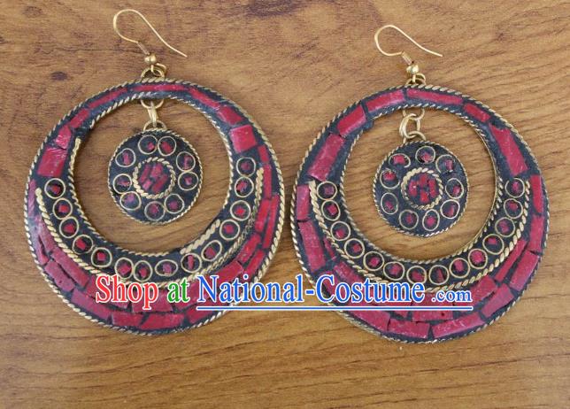 Chinese Traditional Tibetan Nationality Folk Dance Red Ear Accessories Handmade Eardrop Decoration Zang Ethnic Silver Earrings for Women