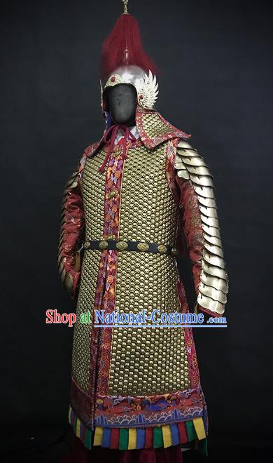 Traditional Chinese Ming Dynasty Imperial Guard Body Armor Outfits Ancient Infantry General Iron Costumes and Helmet Full Set