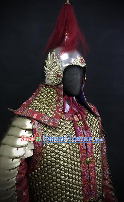 Traditional Chinese Ming Dynasty Imperial Guard Body Armor Outfits Ancient Infantry General Iron Costumes and Helmet Full Set