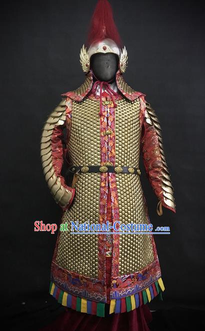 Traditional Chinese Ming Dynasty Imperial Guard Body Armor Outfits Ancient Infantry General Iron Costumes and Helmet Full Set