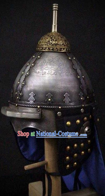 Traditional Chinese Ming Dynasty Imperial Guard Iron Armet Hat Headpiece Ancient General Black Cloth Helmet for Men