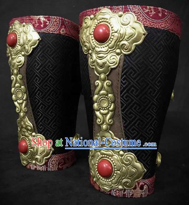 Traditional Chinese Song Dynasty Warrior Black Brocade Wrist Guard Wristband Armor Ancient Soldier Leather Wristlets for Men