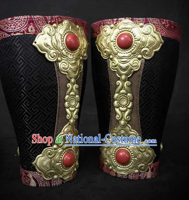 Traditional Chinese Song Dynasty Warrior Black Brocade Wrist Guard Wristband Armor Ancient Soldier Leather Wristlets for Men