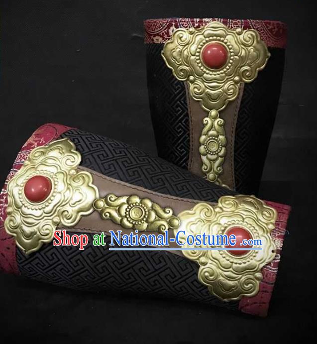 Traditional Chinese Song Dynasty Warrior Black Brocade Wrist Guard Wristband Armor Ancient Soldier Leather Wristlets for Men