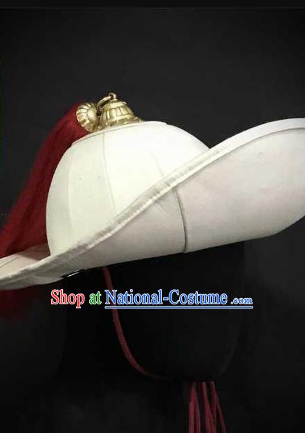 Traditional Chinese Song Dynasty Swordsman White Flax Hat Headpiece Ancient General Helmet for Men