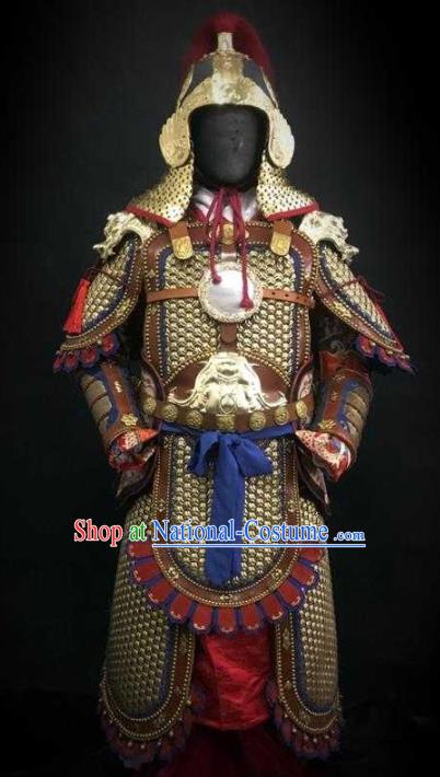 Traditional Chinese Ming Dynasty Imperial Guard Golden Body Armor Outfits Ancient Infantry General Copper Costumes and Helmet Full Set