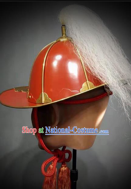 Traditional Chinese Ming Dynasty General Armor Hat Headpiece Ancient Warrior Red Lacquer Iron Helmet for Men