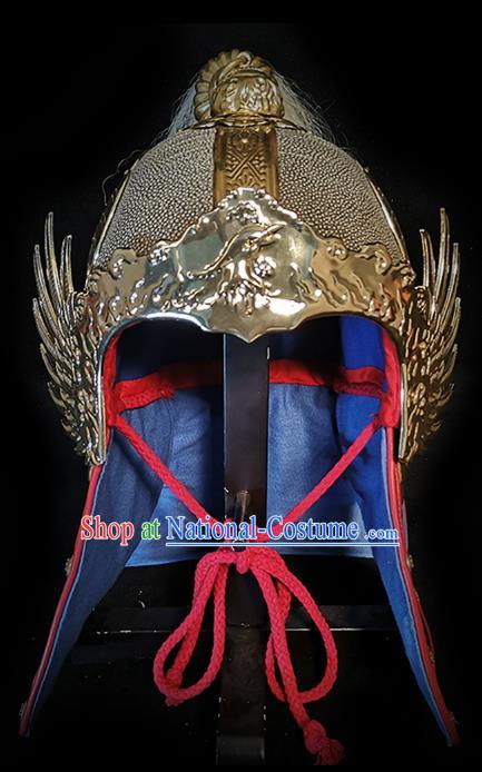 Traditional Chinese Ming Dynasty General Armor Roc Hat Headpiece Ancient Warrior Iron Helmet for Men