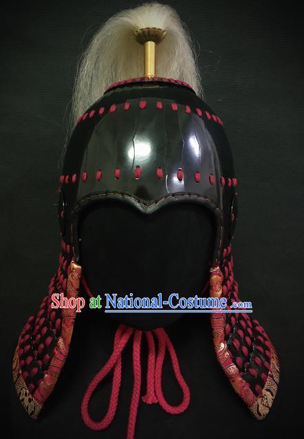 Traditional Chinese Tang Dynasty General Black Armor Hat Headpiece Ancient Soldier Warrior Armet Iron Helmet for Men