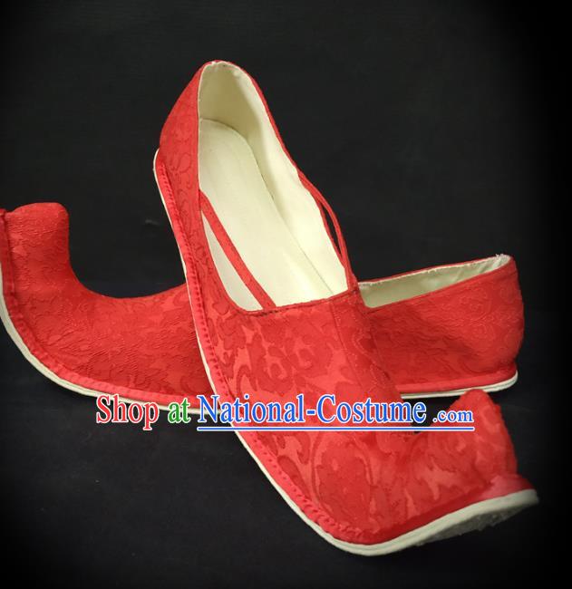 Traditional Chinese Han Dynasty Princess Red Satin Shoes Ancient Court Woman Brocade Hanfu Shoes Cloth Shoes