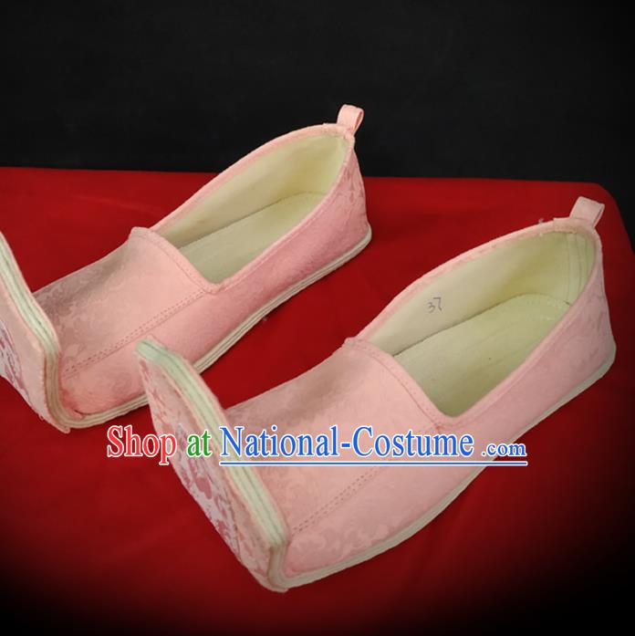 Traditional Chinese Han Dynasty Princess Pink Satin Shoes Ancient Court Woman Brocade Hanfu Shoes Cloth Shoes