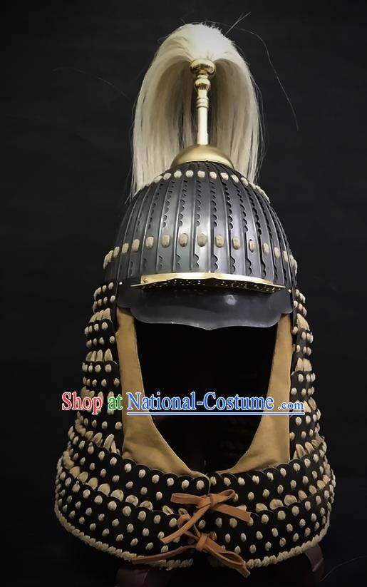 Traditional Chinese Yuan Dynasty General Black Leather Armor Hat Headpiece Ancient Soldier Warrior Armet Iron Helmet for Men