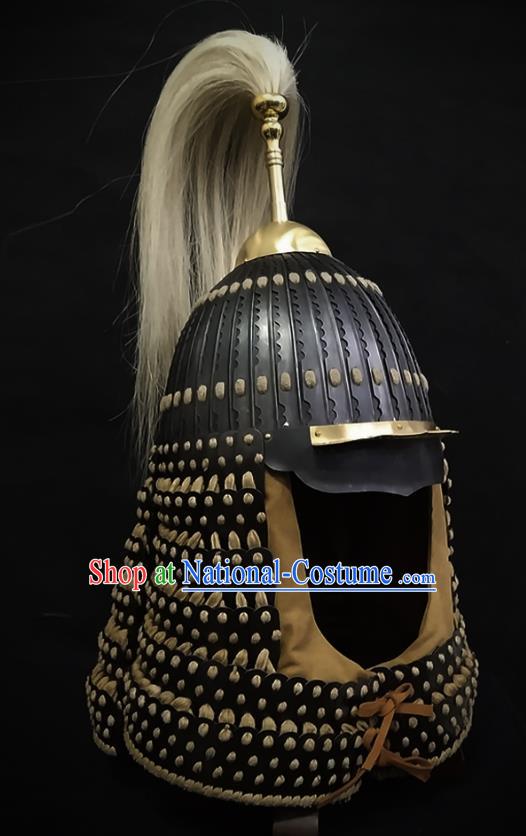 Traditional Chinese Yuan Dynasty General Black Leather Armor Hat Headpiece Ancient Soldier Warrior Armet Iron Helmet for Men