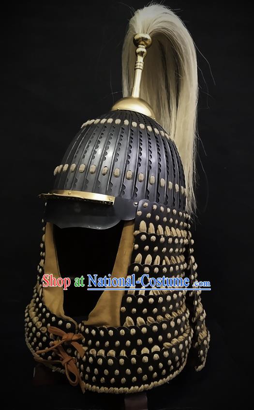 Traditional Chinese Yuan Dynasty General Black Leather Armor Hat Headpiece Ancient Soldier Warrior Armet Iron Helmet for Men