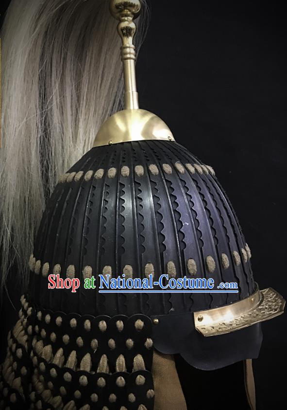 Traditional Chinese Yuan Dynasty General Black Leather Armor Hat Headpiece Ancient Soldier Warrior Armet Iron Helmet for Men