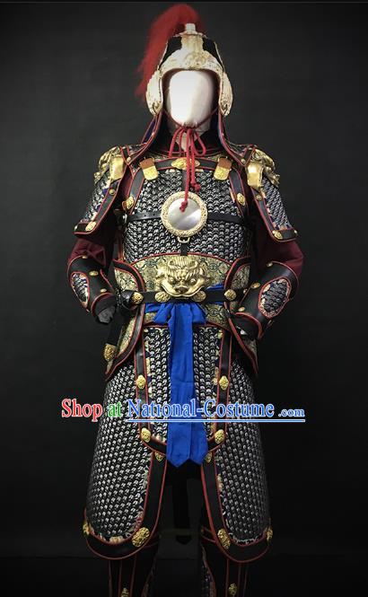 Traditional Chinese Ming Dynasty Soldier Body Armor Outfits Ancient Infantry General Copper Costumes and Helmet Full Set