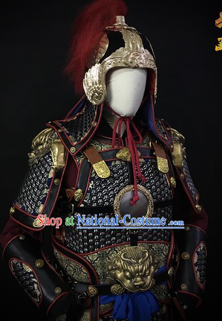 Traditional Chinese Ming Dynasty Soldier Body Armor Outfits Ancient Infantry General Copper Costumes and Helmet Full Set