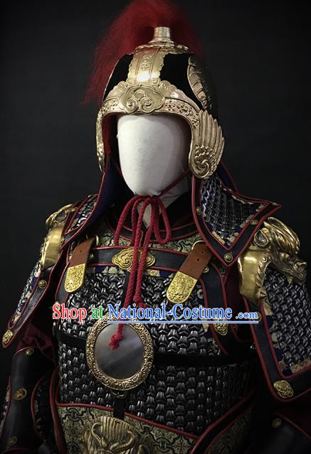 Traditional Chinese Ming Dynasty Soldier Body Armor Outfits Ancient Infantry General Copper Costumes and Helmet Full Set