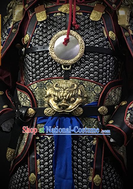 Traditional Chinese Ming Dynasty Soldier Body Armor Outfits Ancient Infantry General Copper Costumes and Helmet Full Set