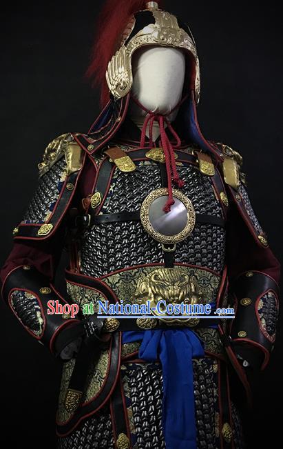 Traditional Chinese Ming Dynasty Soldier Body Armor Outfits Ancient Infantry General Copper Costumes and Helmet Full Set