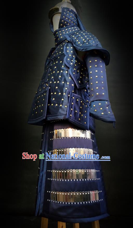 Traditional Chinese Qing Dynasty Emperor Qianlong Blue Satin Body Armor Outfits Ancient General Iron Costumes and Helmet Full Set