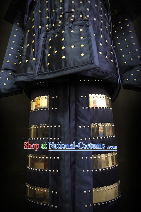 Traditional Chinese Qing Dynasty Emperor Qianlong Blue Satin Body Armor Outfits Ancient General Iron Costumes and Helmet Full Set