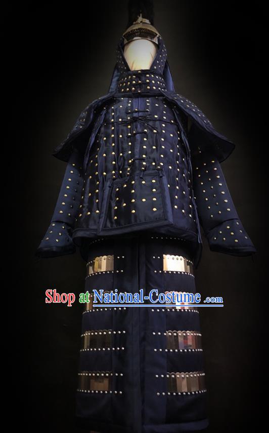 Traditional Chinese Qing Dynasty Emperor Qianlong Blue Satin Body Armor Outfits Ancient General Iron Costumes and Helmet Full Set