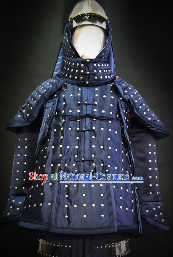 Traditional Chinese Qing Dynasty Emperor Qianlong Blue Satin Body Armor Outfits Ancient General Iron Costumes and Helmet Full Set