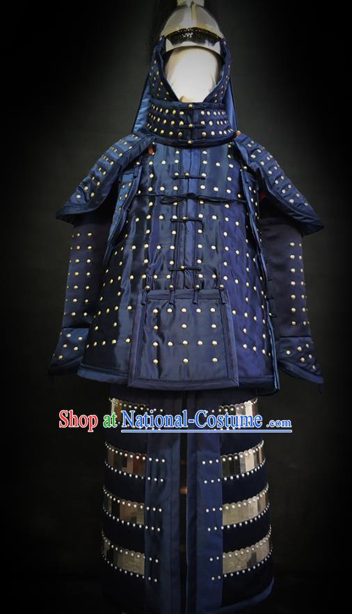 Traditional Chinese Qing Dynasty Emperor Qianlong Blue Satin Body Armor Outfits Ancient General Iron Costumes and Helmet Full Set