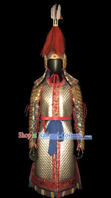 Traditional Chinese Ming Dynasty Imperial Bodyguard Golden Body Armor Outfits Ancient Film General Iron Costumes and Helmet Full Set