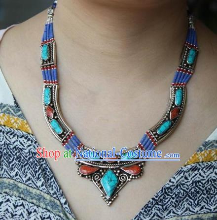 Chinese Traditional Tibetan Nationality Turquoise Necklet Pendant Decoration Zang Ethnic Handmade Kallaite Necklace Jewelry Accessories for Women