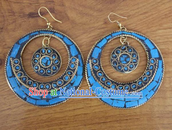 Chinese Traditional Tibetan Nationality Folk Dance Blue Ear Accessories Handmade Eardrop Decoration Zang Ethnic Silver Earrings for Women