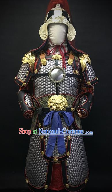 Traditional Chinese Ming Dynasty Military Officer Body Armor Outfits Ancient Film General Iron Costumes and Helmet Full Set