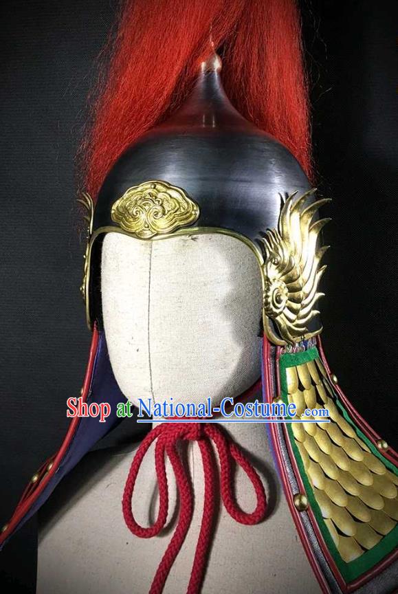 Traditional Chinese Ming Dynasty General Armor Hat Headpiece Ancient Soldier Warrior Armet Iron Phoenix Wings Helmet for Men