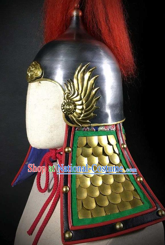 Traditional Chinese Ming Dynasty General Armor Hat Headpiece Ancient Soldier Warrior Armet Iron Phoenix Wings Helmet for Men