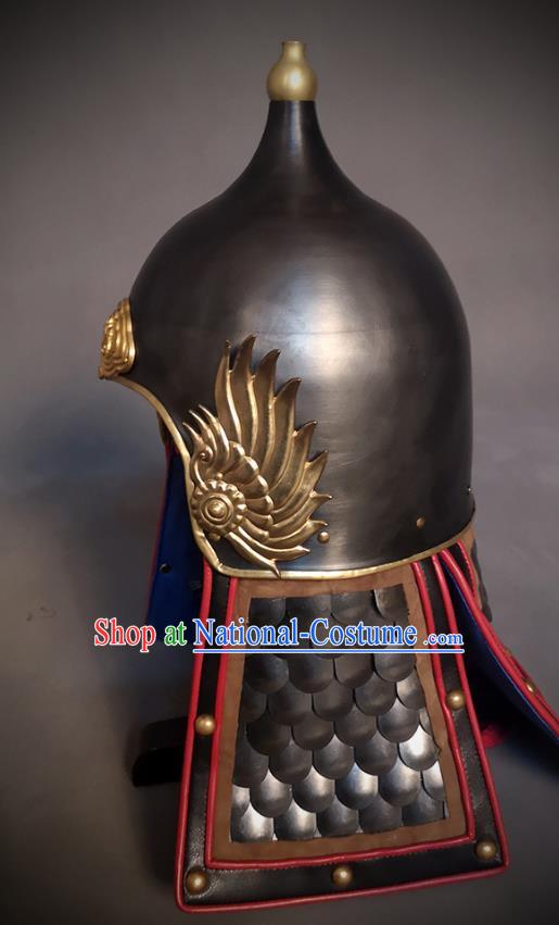 Traditional Chinese Ming Dynasty General Black Armor Hat Headpiece Ancient Soldier Warrior Armet Iron Phoenix Wings Helmet for Men