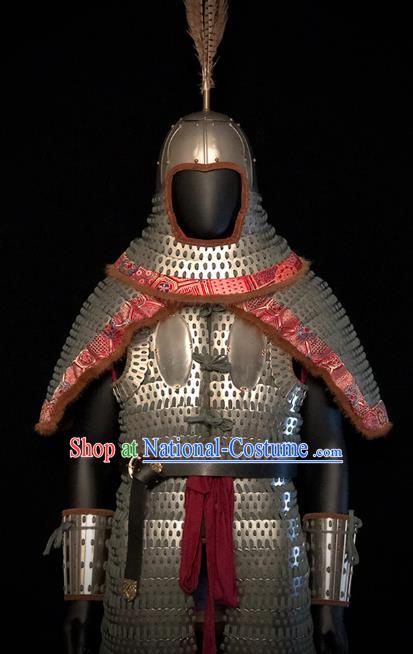 Traditional Chinese Song Dynasty Military Officer Body Armor Outfits Ancient Film Liao State General Iron Costumes and Helmet Full Set