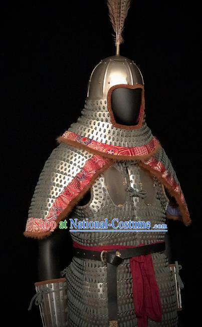 Traditional Chinese Song Dynasty Military Officer Body Armor Outfits Ancient Film Liao State General Iron Costumes and Helmet Full Set