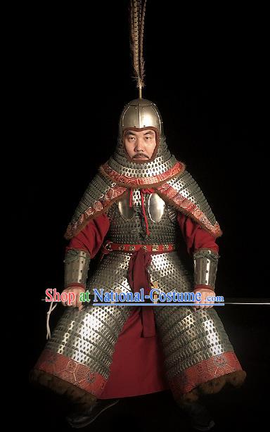 Traditional Chinese Song Dynasty Military Officer Body Armor Outfits Ancient Film Liao State General Iron Costumes and Helmet Full Set