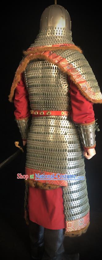 Traditional Chinese Song Dynasty Military Officer Body Armor Outfits Ancient Film Liao State General Iron Costumes and Helmet Full Set