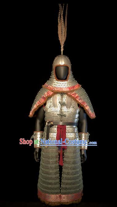 Traditional Chinese Song Dynasty Military Officer Body Armor Outfits Ancient Film Liao State General Iron Costumes and Helmet Full Set