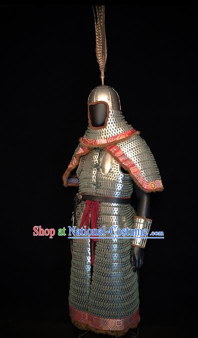 Traditional Chinese Song Dynasty Military Officer Body Armor Outfits Ancient Film Liao State General Iron Costumes and Helmet Full Set