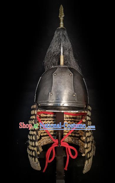 Traditional Chinese Yuan Dynasty General Black Armor Hat Headpiece Ancient Mongolian Soldier Warrior Armet Iron Helmet for Men